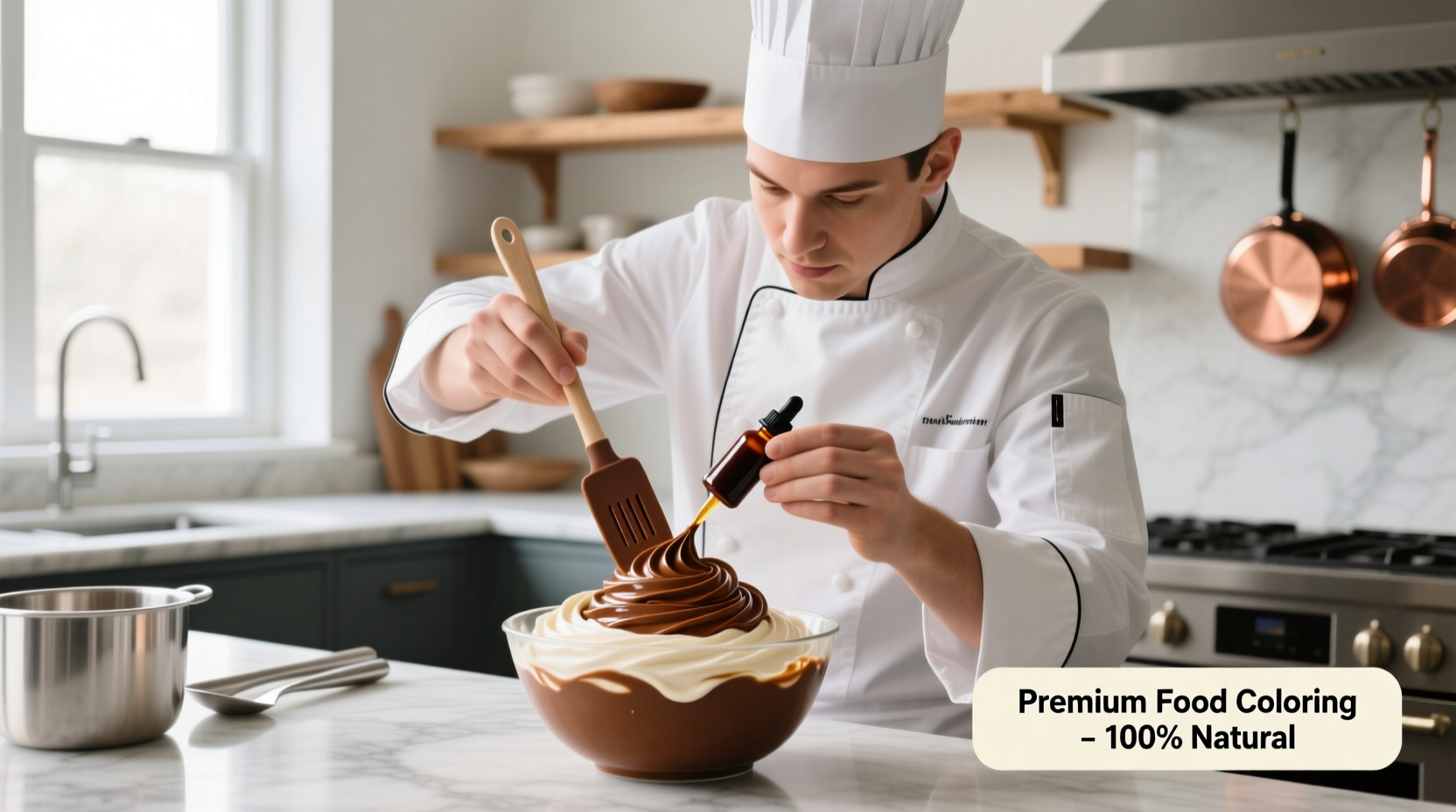 Professional pastry chef mixing brown food coloring
