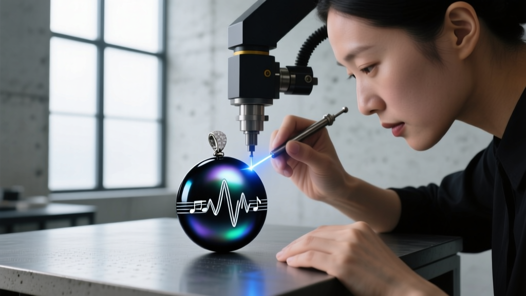 Jeweler using a precision laser machine to etch a musical audio waveform onto the surface of a round Tahitian black pearl pendant