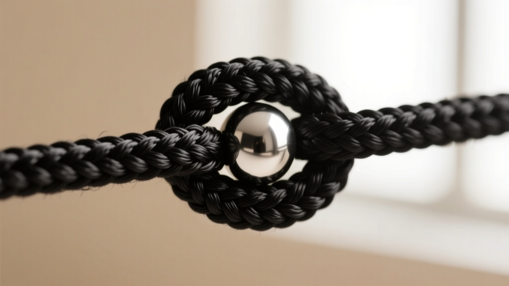 Macro shot of a black nylon sliding barrel knot showing tight weave and smooth friction against a polished silver bead