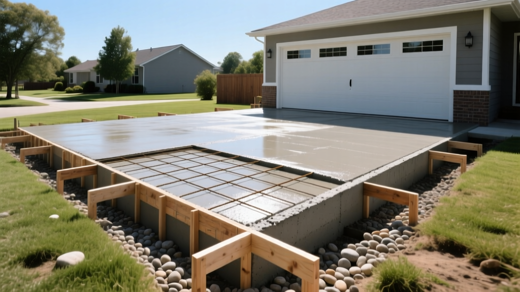 Freshly poured concrete slab foundation with wooden formwork and rebar grid for a 14x24 foot detached one-car garage in a suburban backyard