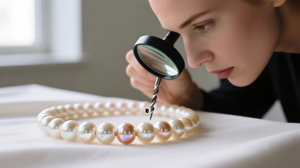 Jeweler using a loupe to examine drill hole and luster of a cream baroque pearl strand, verifying authenticity and nacre depth