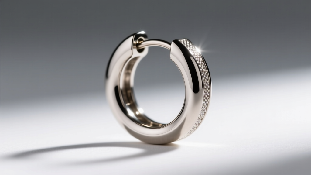 Macro shot of an 18-gauge titanium hinged clicker hoop earring, showing the seamless closure mechanism under bright lighting