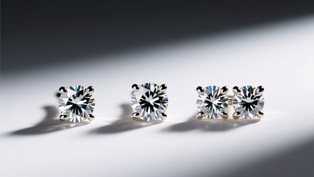 Macro shot comparing 3-prong martini and 4-prong basket settings for small diamond studs under bright directional jewelry lighting