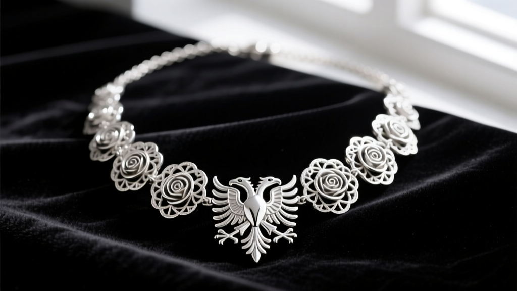 Sterling silver Albanian necklace featuring filigree rosettes and a double-headed eagle pendant resting on dark velvet.