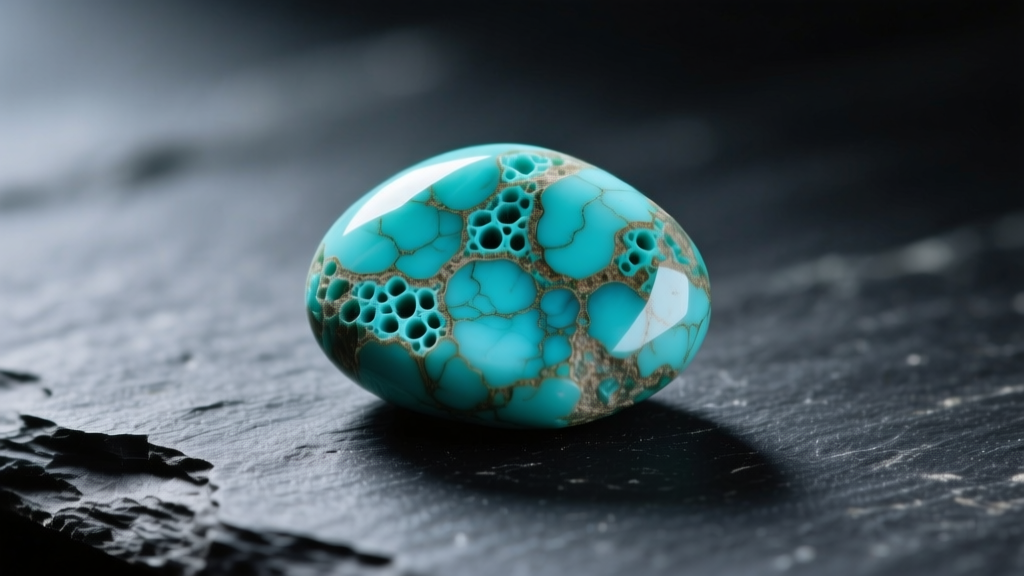 Close-up of an unpolished turquoise cabochon on dark slate, highlighting its natural porous matrix and earthy blue-green veins.