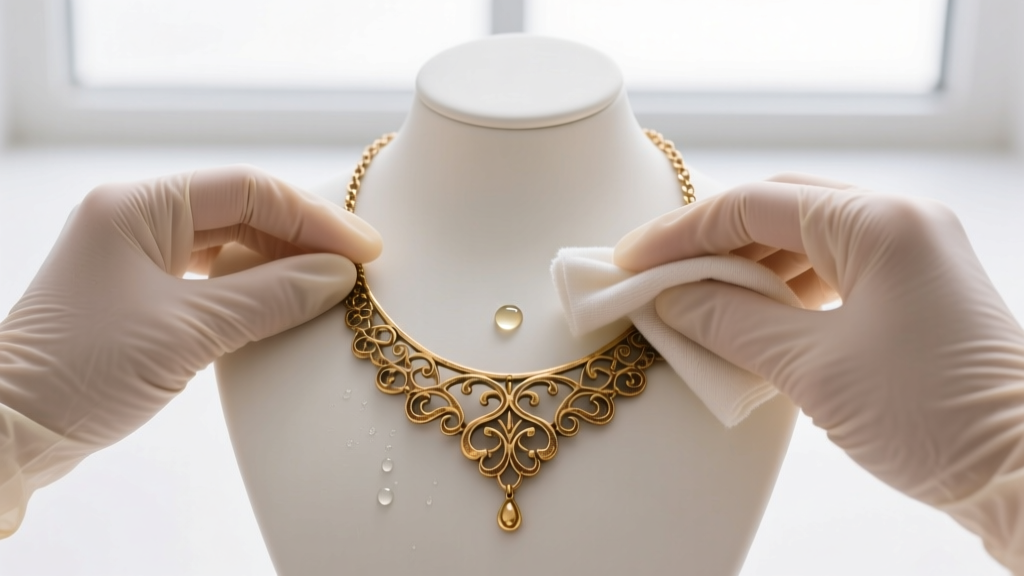 Nitrile-gloved hands gently wiping a vintage brass-based fashion necklace with a microfiber cloth and pH-neutral jewelry cleaner.