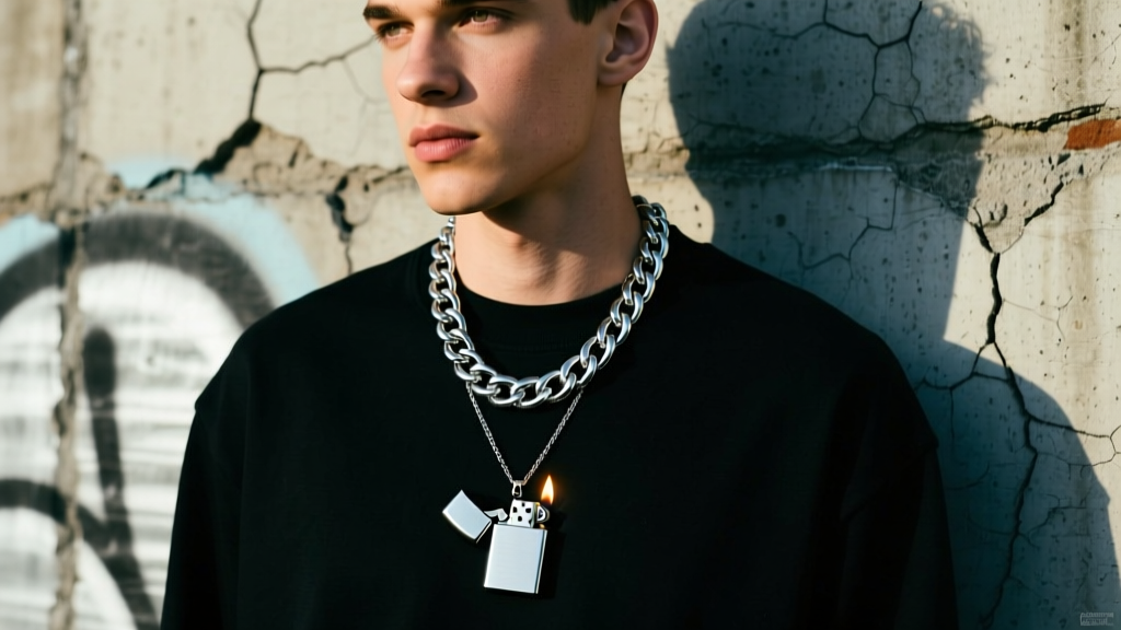 Young man wearing a heavy stainless steel Cuban chain with a butane micro-torch necklace lighter pendant against a concrete wall.