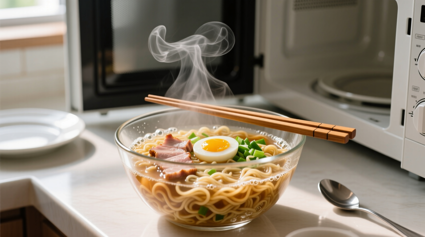 Microwave ramen cooking in glass bowl with chopsticks