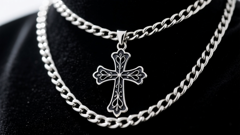 Close-up of a 10mm sterling silver Cuban chain holding an oversized gothic cross pendant with dark oxidized patina on black velvet.
