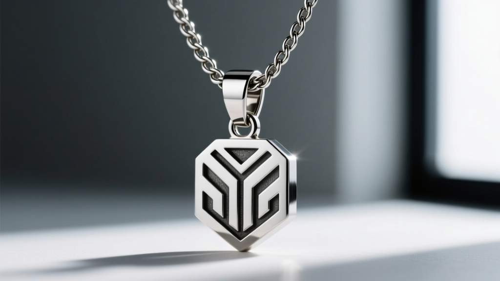 Macro shot of a steel necklace bail threaded with a 3mm box chain, showing a secure connection to a heavy metal motif pendant.
