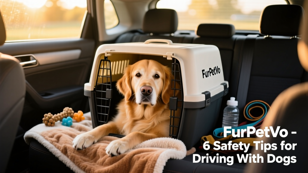 A happy dog resting peacefully in a FurPetVo-branded travel crate with a soft blanket inside a car