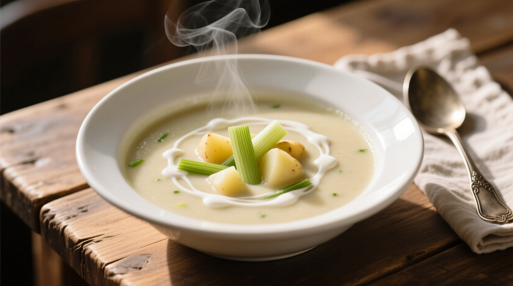 Creamy leek and potato soup in white bowl