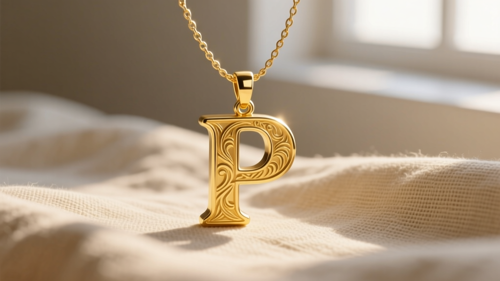 Macro shot of a solid 14k yellow gold letter P pendant on a delicate cable chain, resting on beige linen in soft natural light.