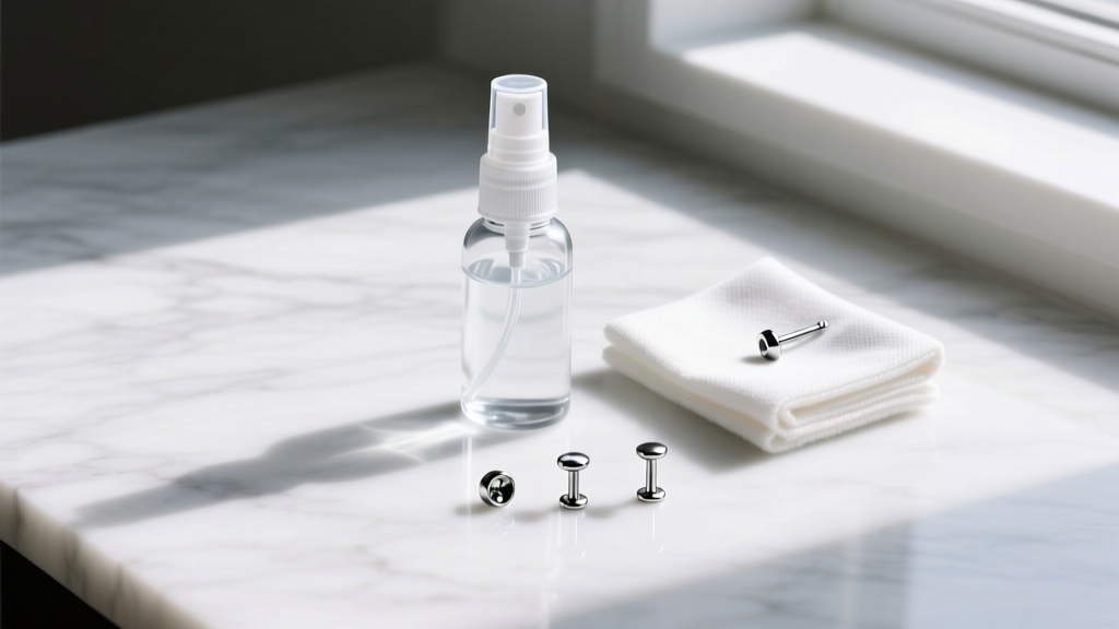 Flat lay of aftercare gifts featuring saline spray, microfiber cloth, and 18-gauge titanium labret studs on white marble.