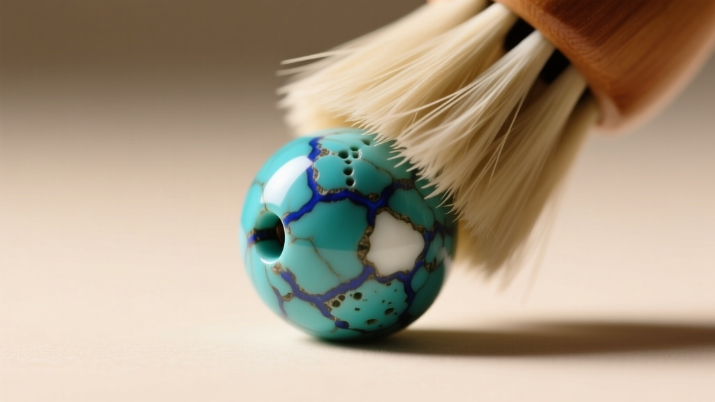 Soft natural hair brush gently cleaning a porous turquoise mala bead under warm lighting, revealing detailed stone matrix patterns.