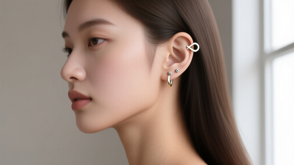 Side profile of a woman wearing delicate 16-gauge white gold infinity cartilage clickers on her upper helix piercing.