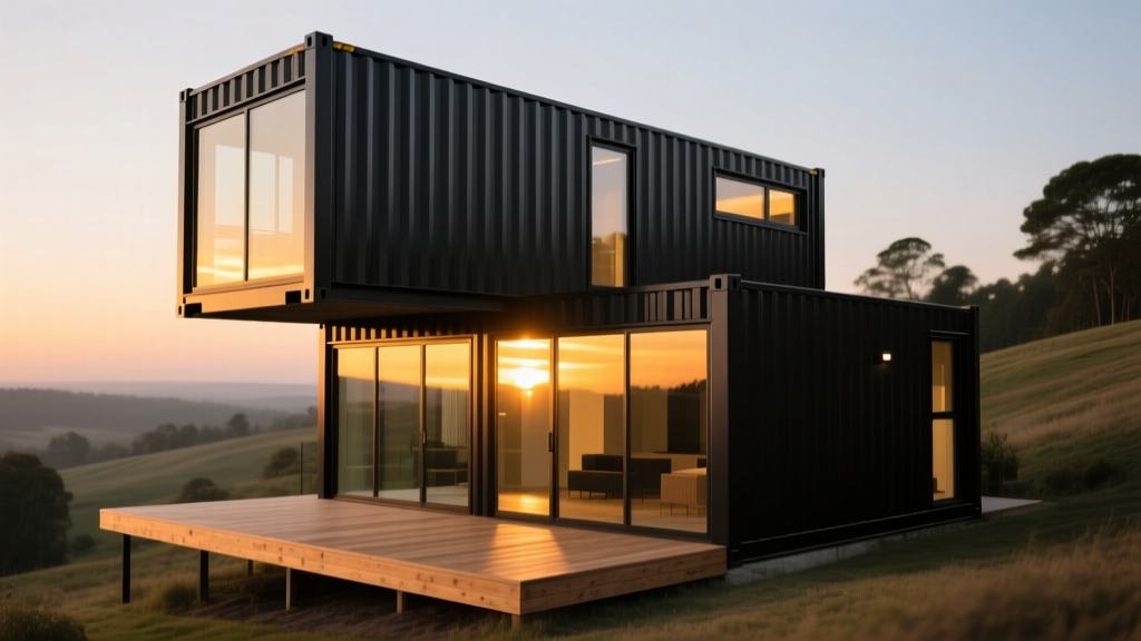Modern two-story shipping container home with matte black steel exterior, large glass windows, and a wooden deck at sunset.