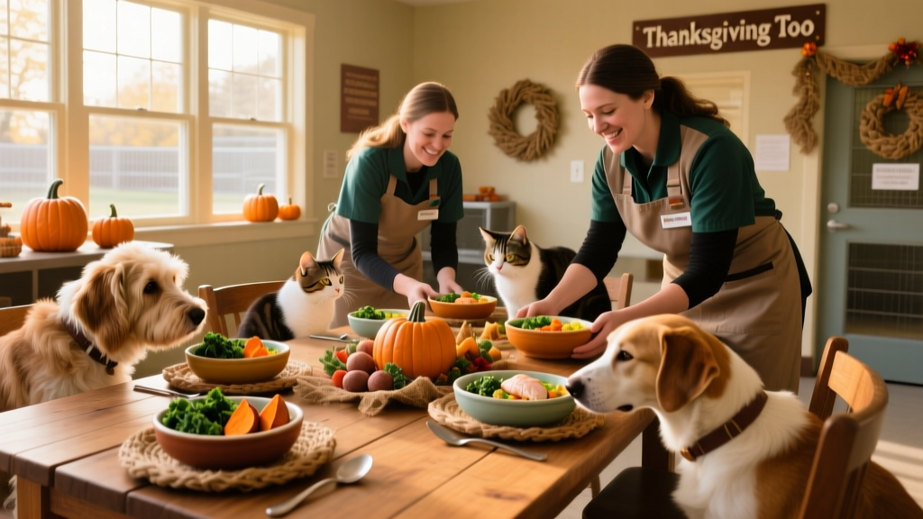 Shelter staff setting up a festive table with place settings and bowls of pet-safe food for dogs and cats