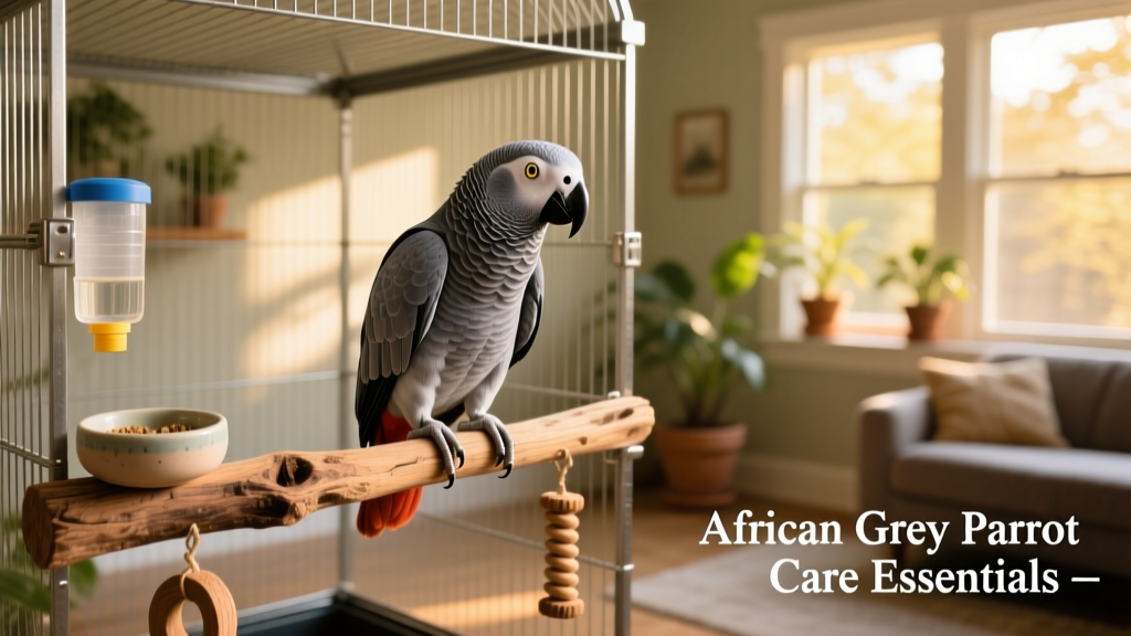 A vibrant African Grey parrot perched confidently on a natural wood perch inside a spacious, well-equipped cage