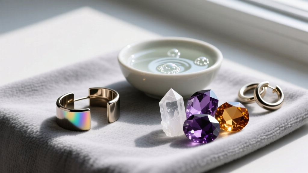 PVD titanium ear cuffs and raw gemstone huggies resting on a gray microfiber cloth beside a small bowl of mild soapy water.