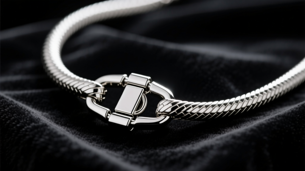 Macro shot of a stainless steel lobster clasp attached to a thick snake chain hugging necklace resting on a dark velvet backdrop