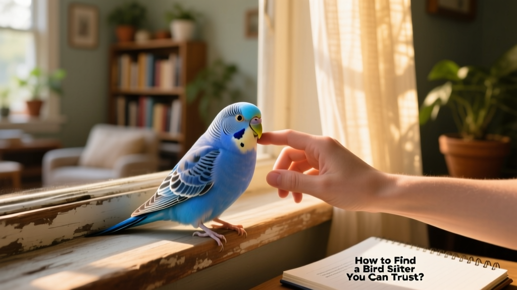 A gentle hand stroking a calm blue bird perched on a windowsill