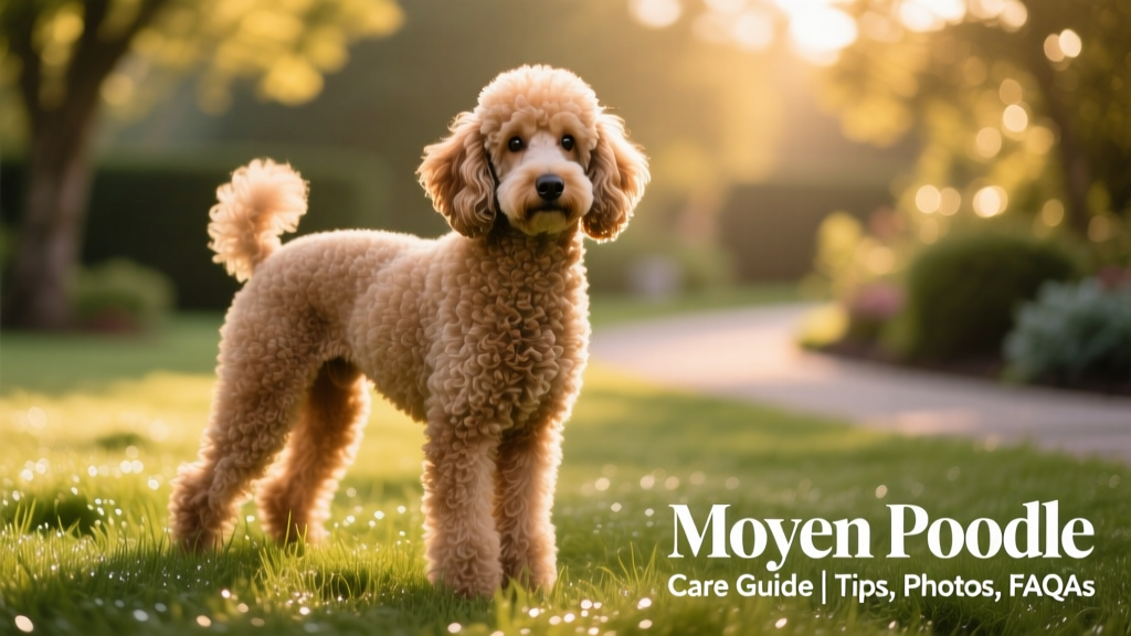 A well-groomed Moyen Poodle standing confidently on grass, showcasing its curly coat and alert posture