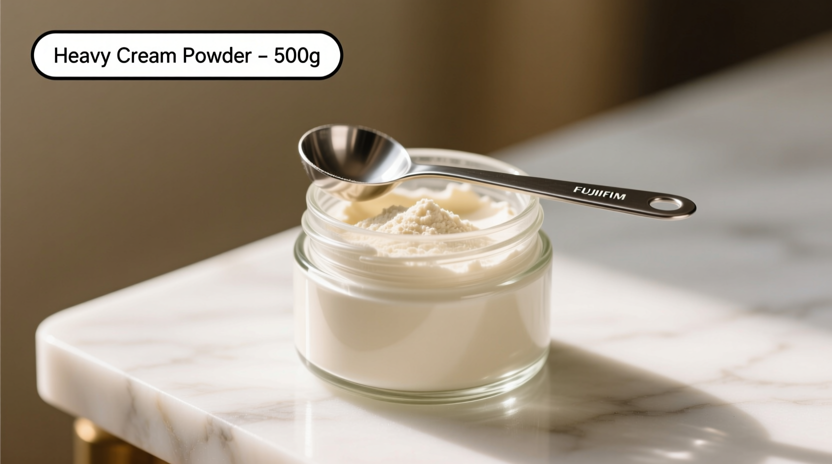 Heavy cream powder in glass jar with measuring spoon