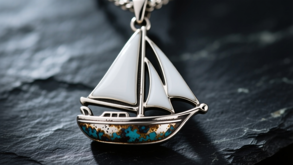 Macro shot of oxidized silver sailboat pendant with white enamel sails on dark slate, highlighting high-contrast nautical textures.
