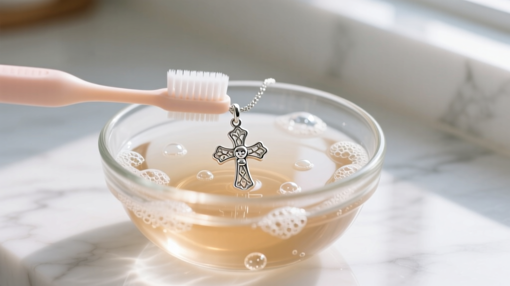 A soft baby toothbrush gently scrubbing a small sterling silver kids cross necklace submerged in a glass bowl of warm soapy water.