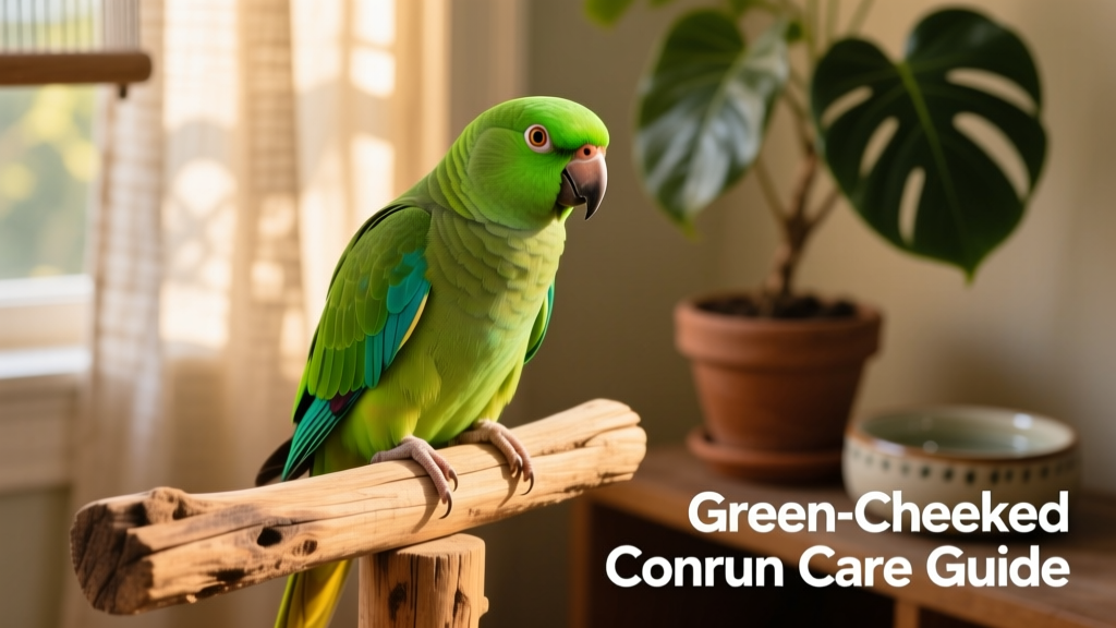A vibrant green-cheeked conure perched calmly on a natural wooden perch, looking alert and curious