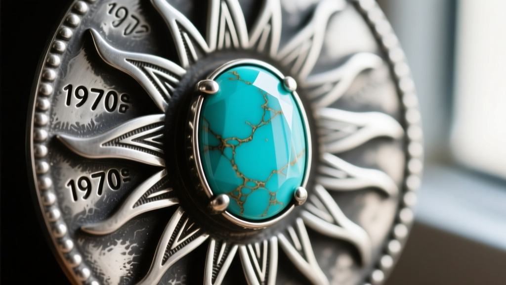 Macro shot of Sleeping Beauty turquoise cabochon in oxidized sterling silver featuring hand-stamped 1970s sunburst metal motifs