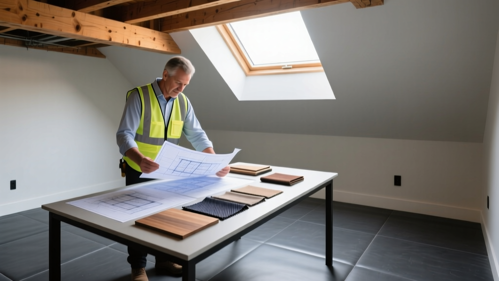 Contractor reviewing blueprints and material samples for a custom basement home gym renovation with exposed ceiling joists and rubber flooring