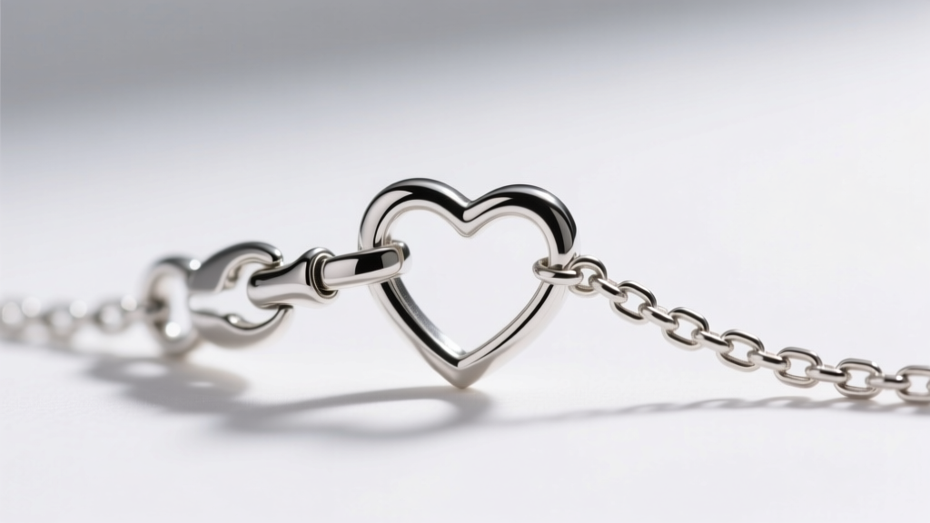 Macro view of a 2.5mm sterling silver box chain threading through a heart pendant bail, highlighting a secure lobster clasp.