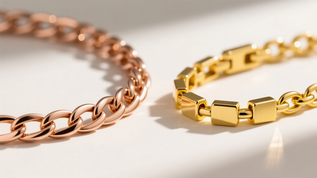 Macro shot comparing a 1.5mm 14k rose gold figaro chain and a 2.0mm yellow gold box chain, highlighting link textures and clasps.