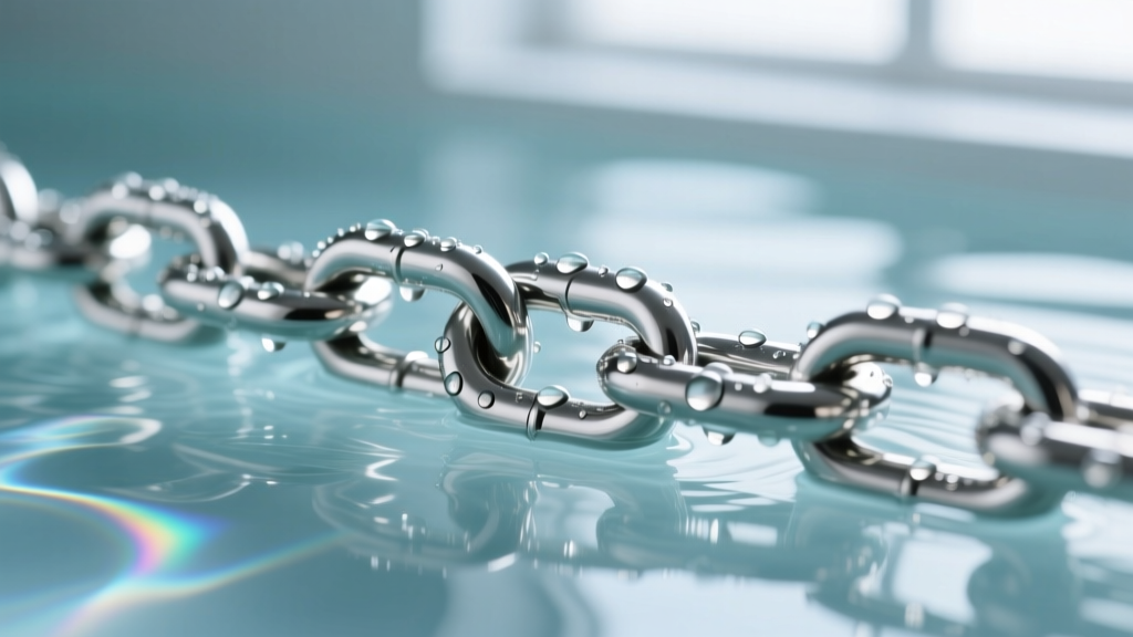 Macro shot of 316L stainless steel chain submerged in clear water, droplets clinging to polished metal links under studio light.