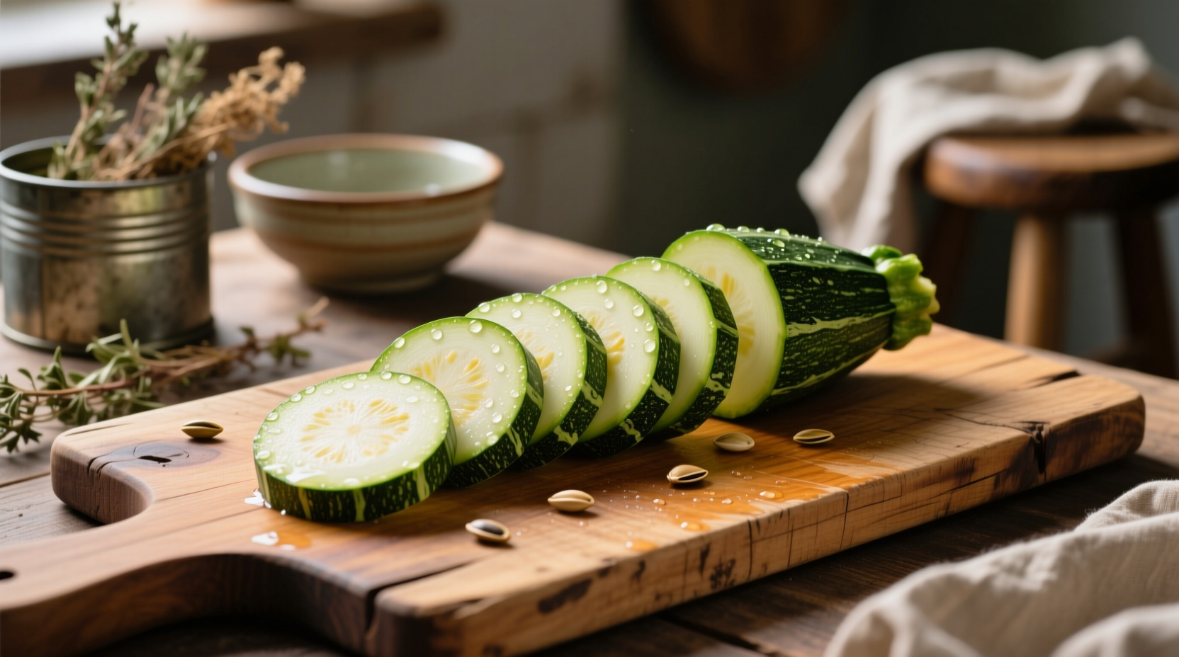 Sliced patty pan squash on wooden cutting board