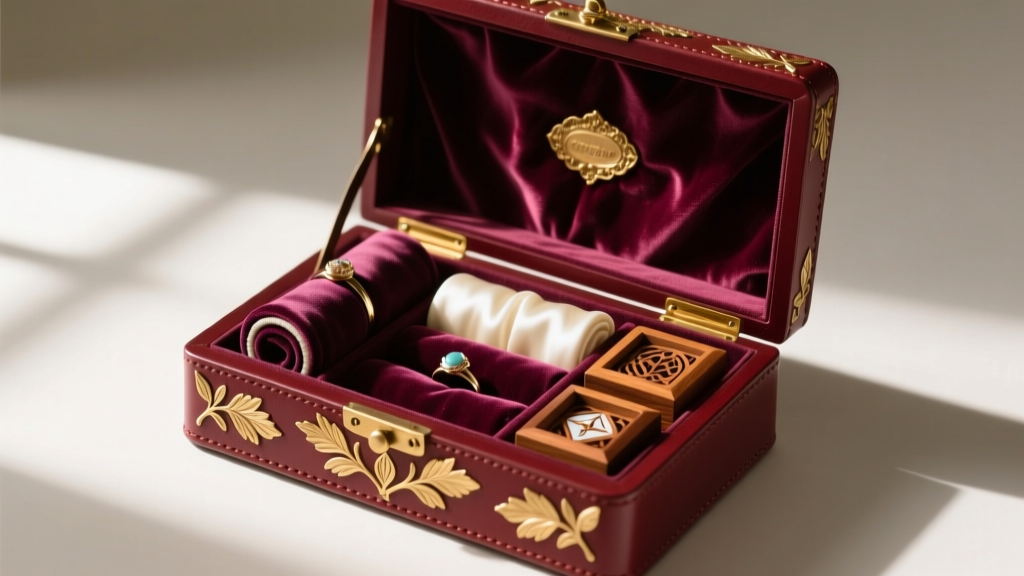 Victorian vintage jewelry box in burgundy leather and gold leaf, open to reveal silk-tufted ring rolls and tiny wooden compartments