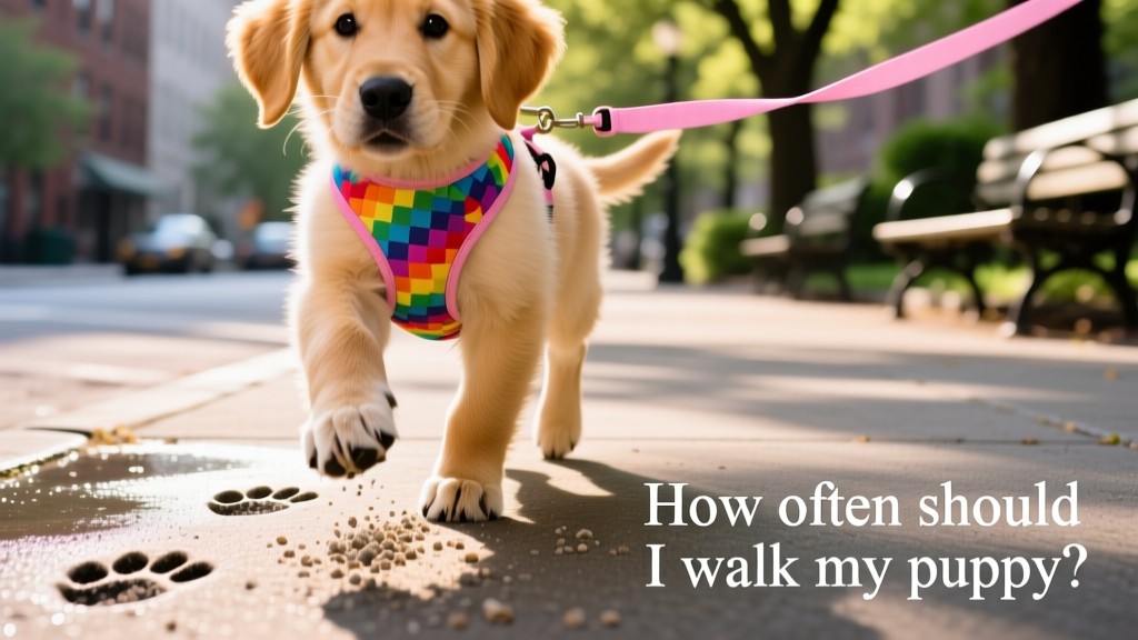 Close-up of a puppy’s paws stepping confidently on pavement, wearing a colorful harness and attached to a pink leash
