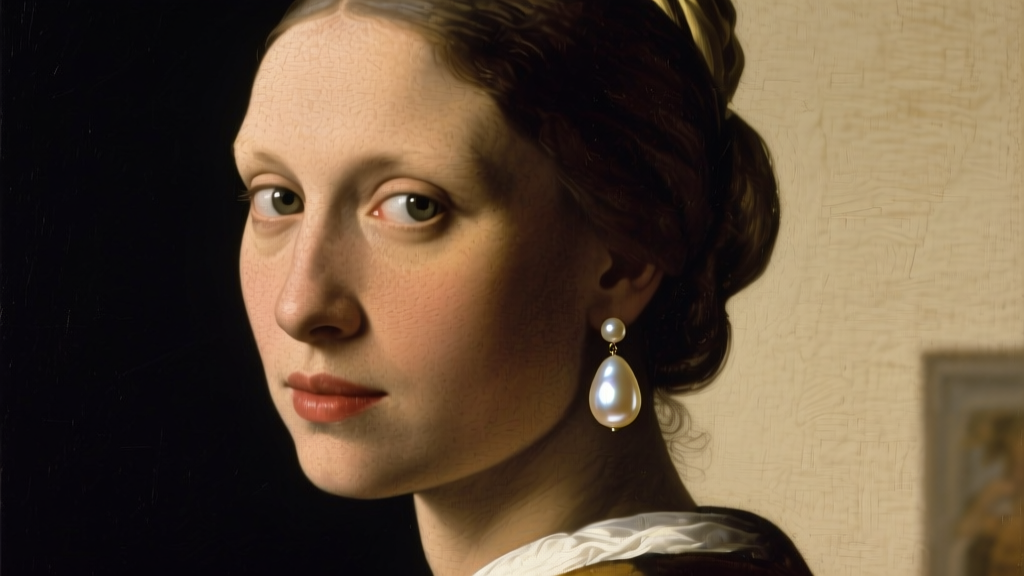 Chiaroscuro-lit portrait of a woman wearing a massive 16mm teardrop South Sea pearl earring, echoing 17th-century Dutch art styles