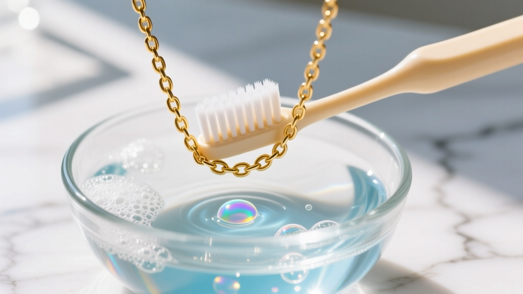 Soft baby toothbrush cleaning a gold chain next to a glass bowl of soapy water, macro photography, bright and clean aesthetic.