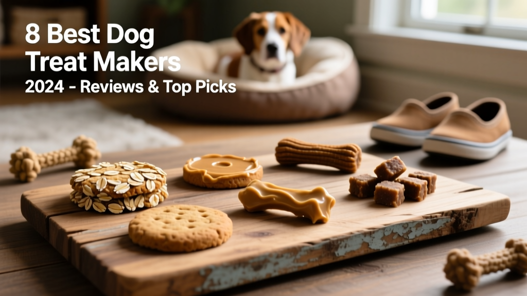 Flat-lay photo showing assorted homemade dog treats made with FurPetVo equipment: crunchy biscuits, soft chews, and bite-sized training rewards arranged on a wooden board