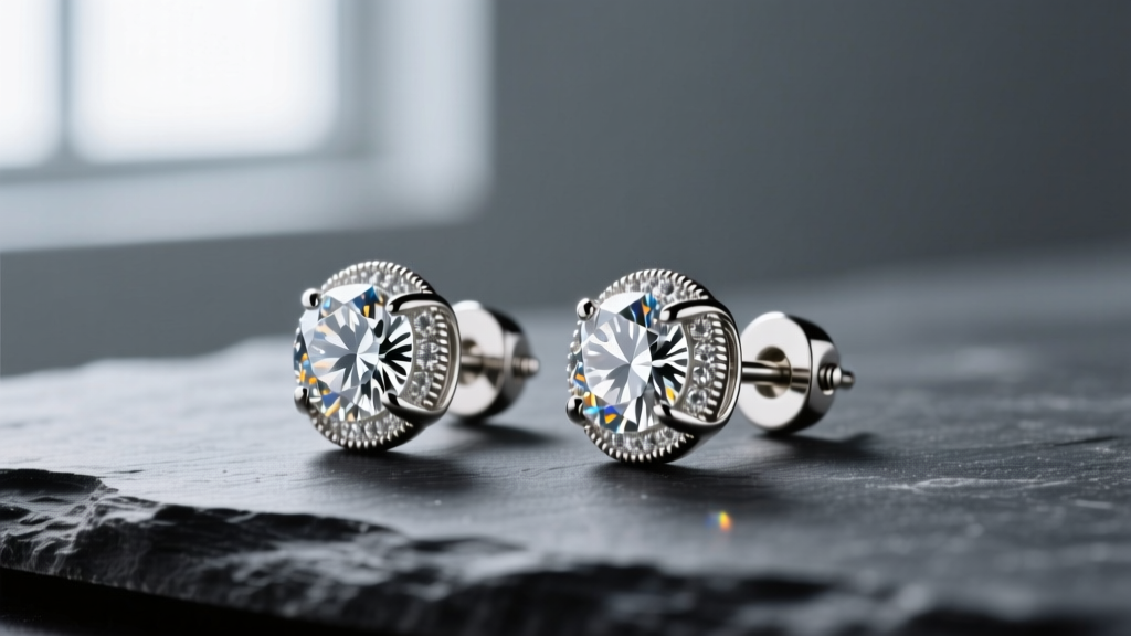 Close-up of 4 carat diamond stud earrings on dark slate, highlighting platinum basket settings and secure screw back hardware.