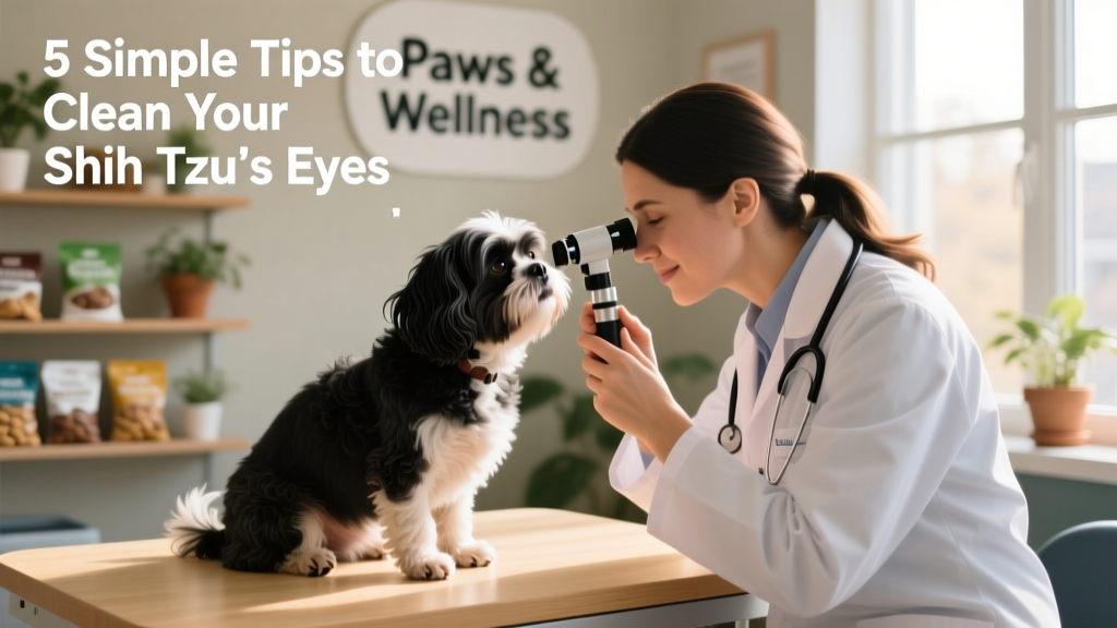 Veterinarian gently examining a Shih Tzu's eye with an ophthalmoscope during a wellness visit