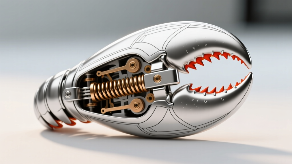 Technical line drawing overlaid on a silver lobster claw clasp highlighting the internal phosphor bronze spring and cast lever