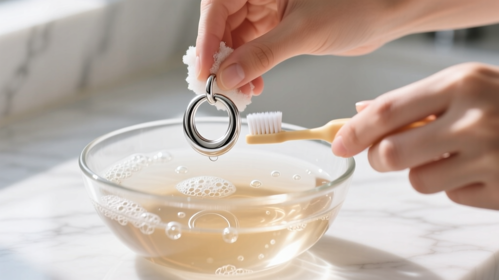 Hands gently scrubbing a medium silver hoop earring with a soft-bristled baby toothbrush over a glass bowl of warm soapy water.
