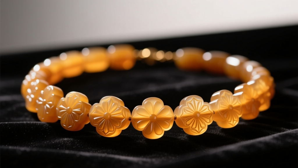 Close-up of a translucent butterscotch bakelite necklace with carved floral beads on dark velvet under soft warm studio lighting.