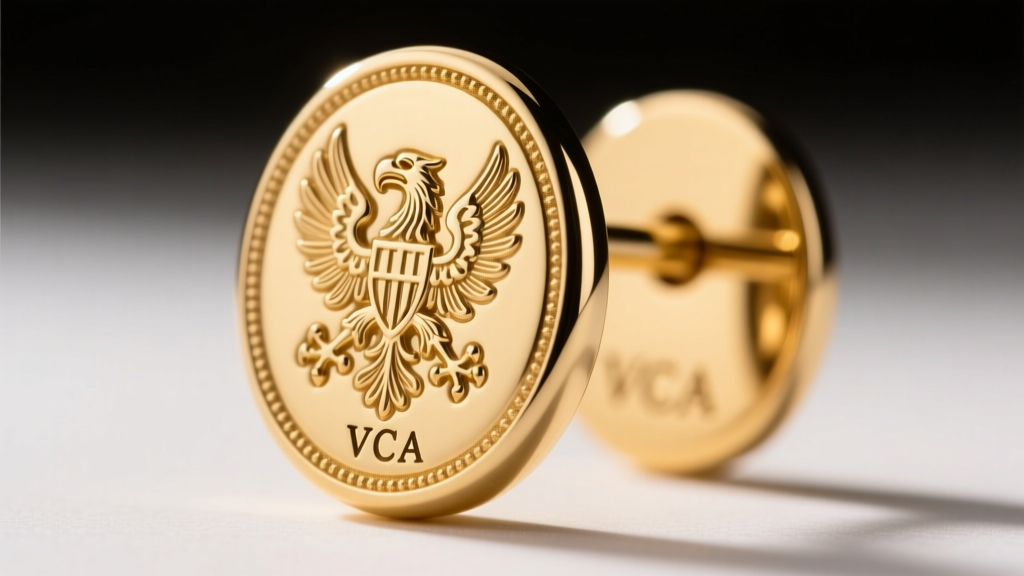 Extreme macro shot of the French eagle head hallmark and VCA serial number engraved on the side of an 18k gold Alhambra earring.