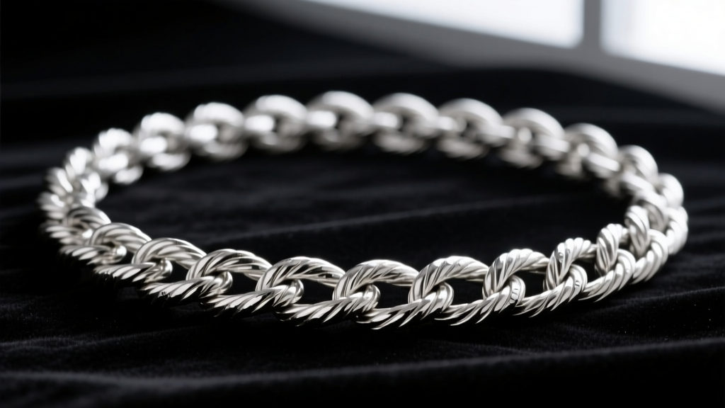 Close-up of a tangled 30-inch sterling silver rope chain on dark velvet, highlighting intricate twisted link friction points.