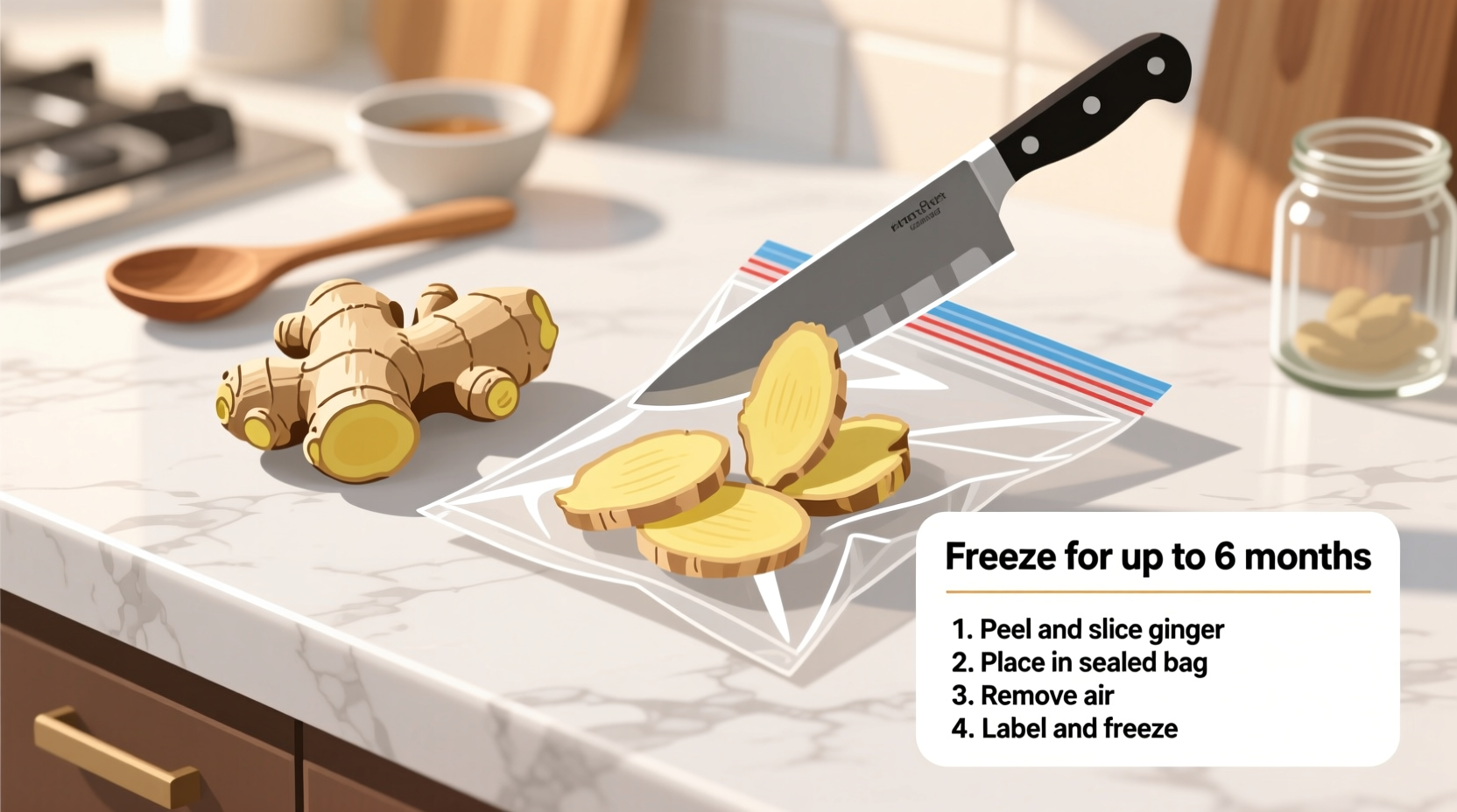Step-by-step ginger freezing process showing peeling, slicing, and tray arrangement